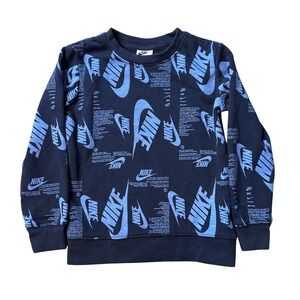 Nike Sweatshirt Kids Size 6 Navy Blue All Over Print Swoosh Logo Crewneck Fleece